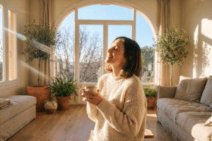 Vitamina D en invierno: mujer tomando el sol junto a la ventana
